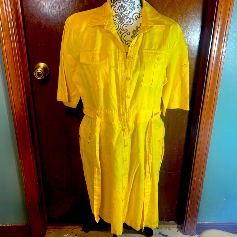 Women linen yellow belted dress